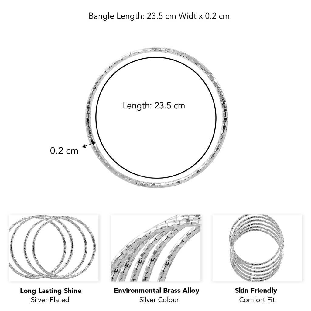 Silver Plated Ethnic Metal Bangles 2.6 Inch For Women & Grils (1 Set, 6 Pcs.) : PX8B72S