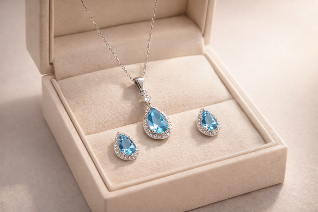 925 Sterling Silver Azure Teardrop Halo Jewelry Set With Chain : SMK-PD-SET-003-CHN