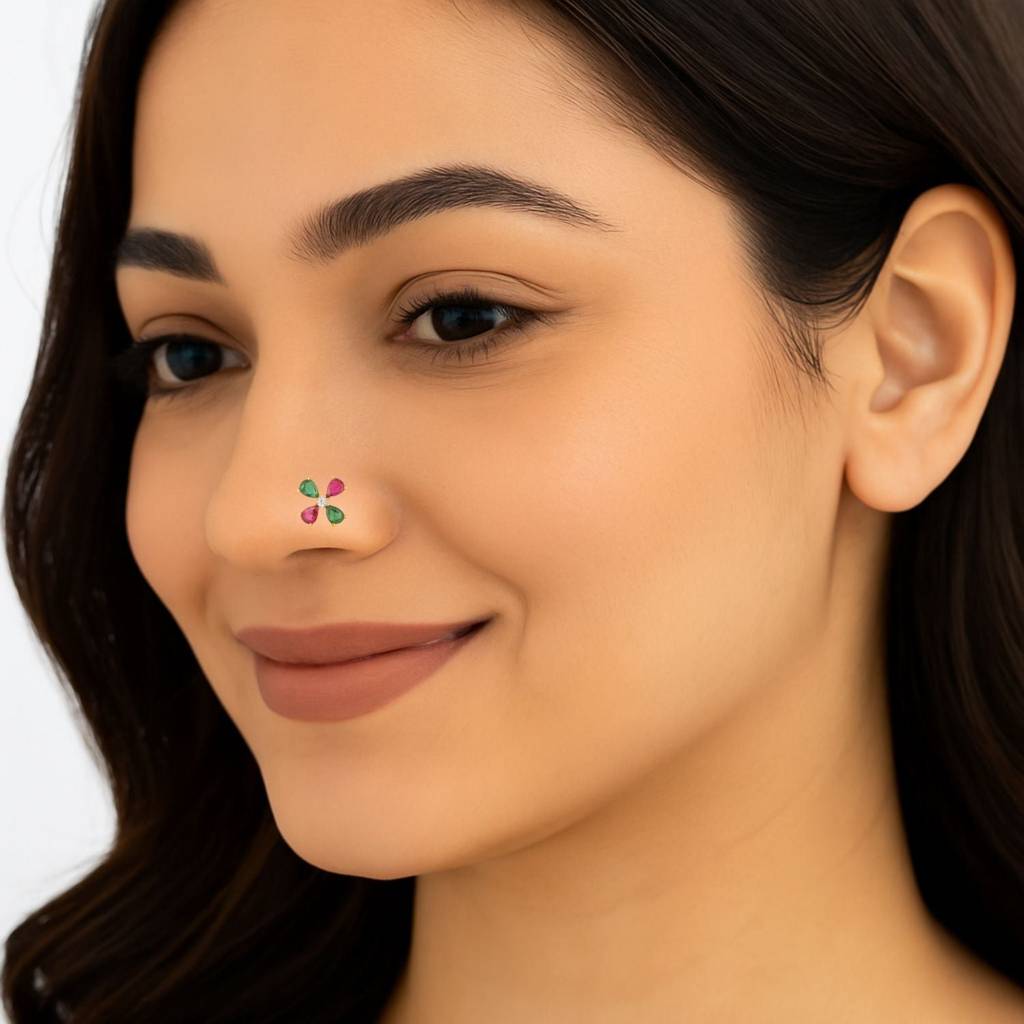 Red & Green Cz Floral Design Nose Pin - Sterling Silver Gold Plated : NP00086_925S_YG