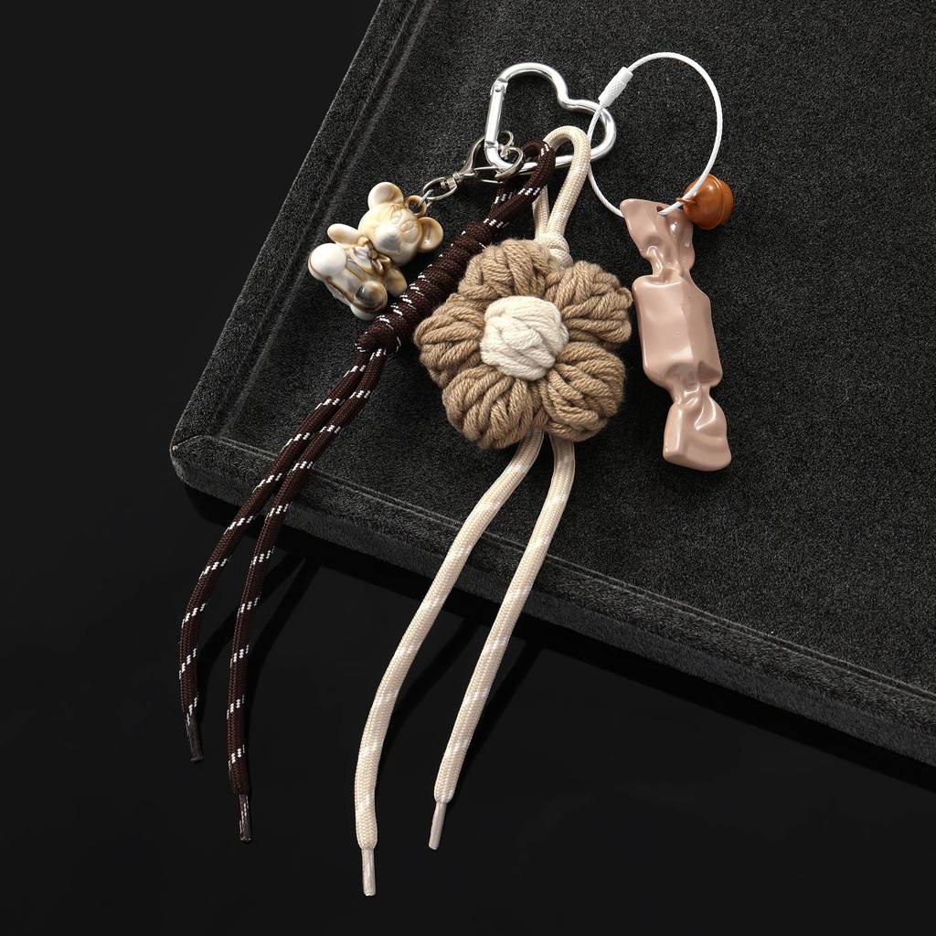 Brown Floral Crochet & White Puppy Duo Bag Charm : C-BG-0009-BR