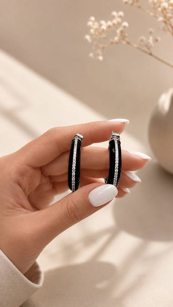 Premium Diamond Studded Black Enamel Women’S Hoop Earrings : 100041