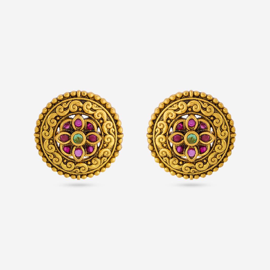 Ruby-Green Gold - Plated Festive Temple Earring - 470024 : 470024