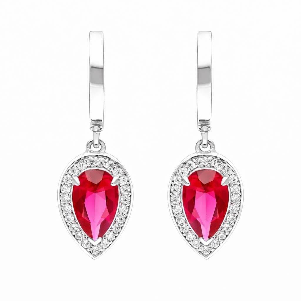 925 Silver Red Cz Teardrop Dangle Hoop Earrings : SE_000942