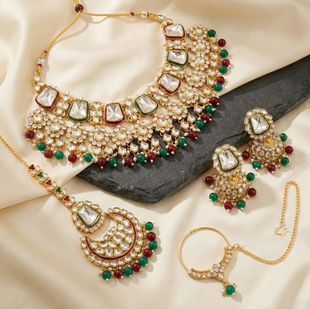 18 Kt Gold Plated Bridal & Semi-Bridal Necklace Set With Earrings, Maang Tikka & Nath : 2476-M8SK-1101-MG