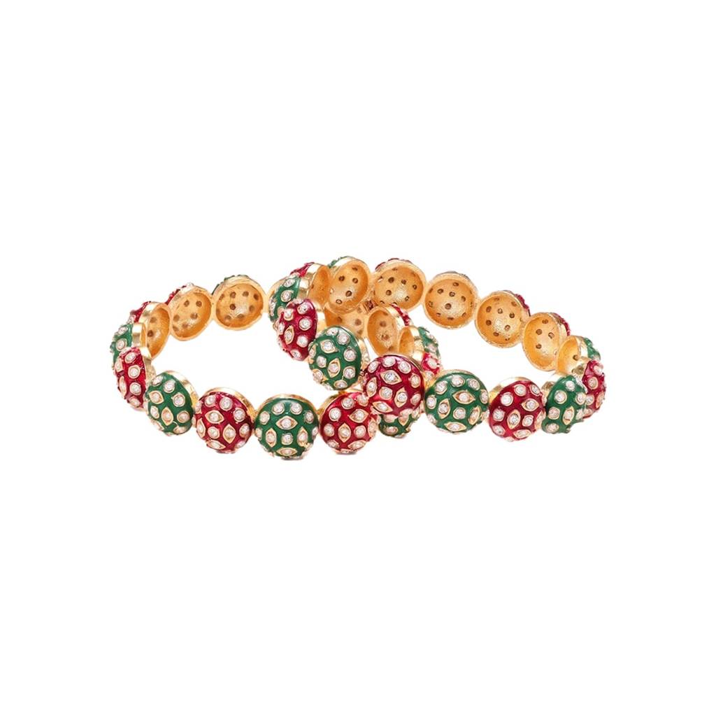 Ethnic Gold Plated Rani Pink Green Crystals Studded Bangles For Women : PF108B02RG-S2-4