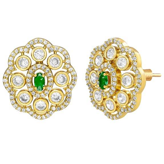Green Pendant Style Necklace Earrings For Women & Girls Gold Plated Faux Emerald & Crystals Studded Festive Occasio : PF76N05G