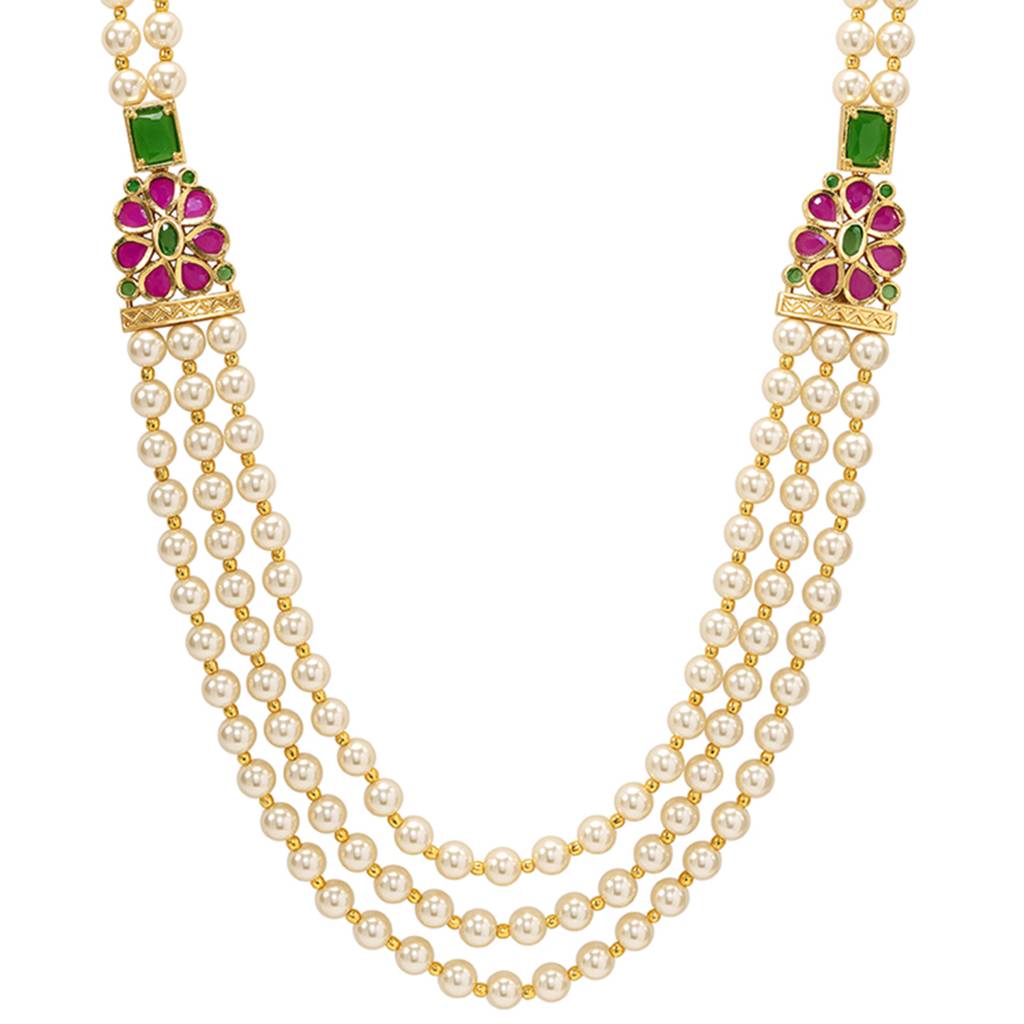 Ethnic Beads Layered Long Mala Necklace For Women & Girls Gold Plated Faux Ruby Emerald & Pearl Studded Tradition : PF10ML29RG
