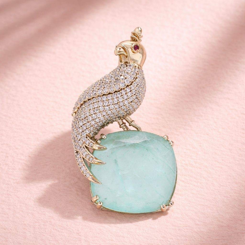 Antique Gold Finish Diamond Royal Bird Unisex Brooch : 900002