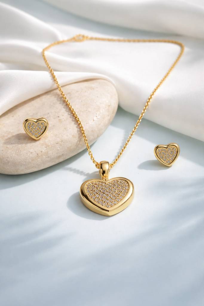 Gold-Tone Crystal Heart Necklace & Stud Earrings Set : NEC-999-A8061