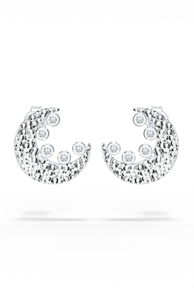 925 Sterling Silver Textured Crescent Moon Moissanite Stud Earrings : SILLUXE003_S