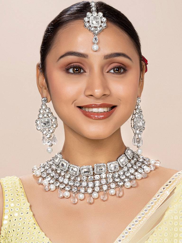 Peora Crystal Choker Necklace With Maang Tikka Earrings Indian Traditional Bridal Wedding Jewellery Set Gift For  : PF25N708RW