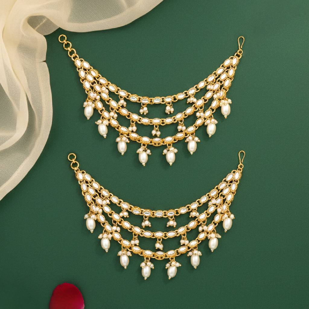 Peora Gold Plated White Kundan Beads Studded Earrings Chain Ethnic Stylish Fashion Hair Accessories Jewellery Gif : PF09EC012W