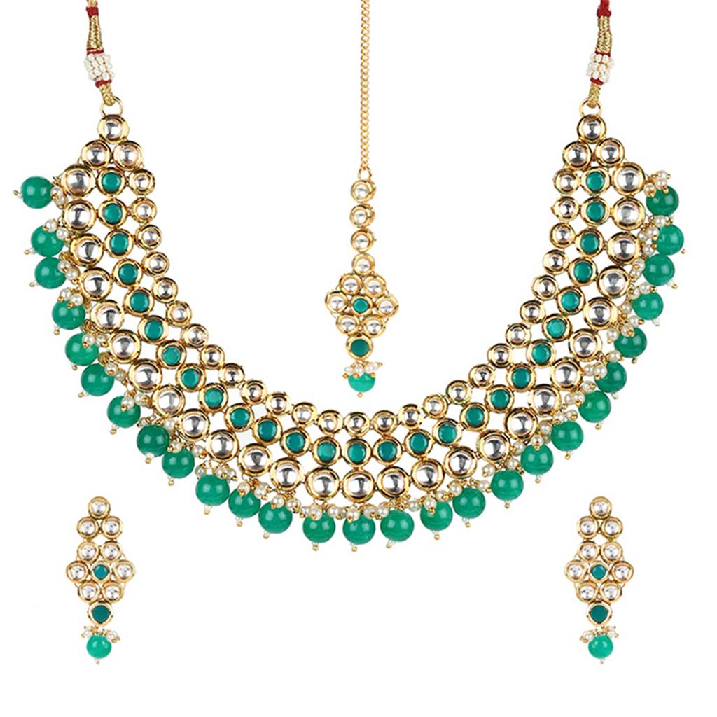 Kundan Gold Plated Green Beads Necklace Set : 8905124438017