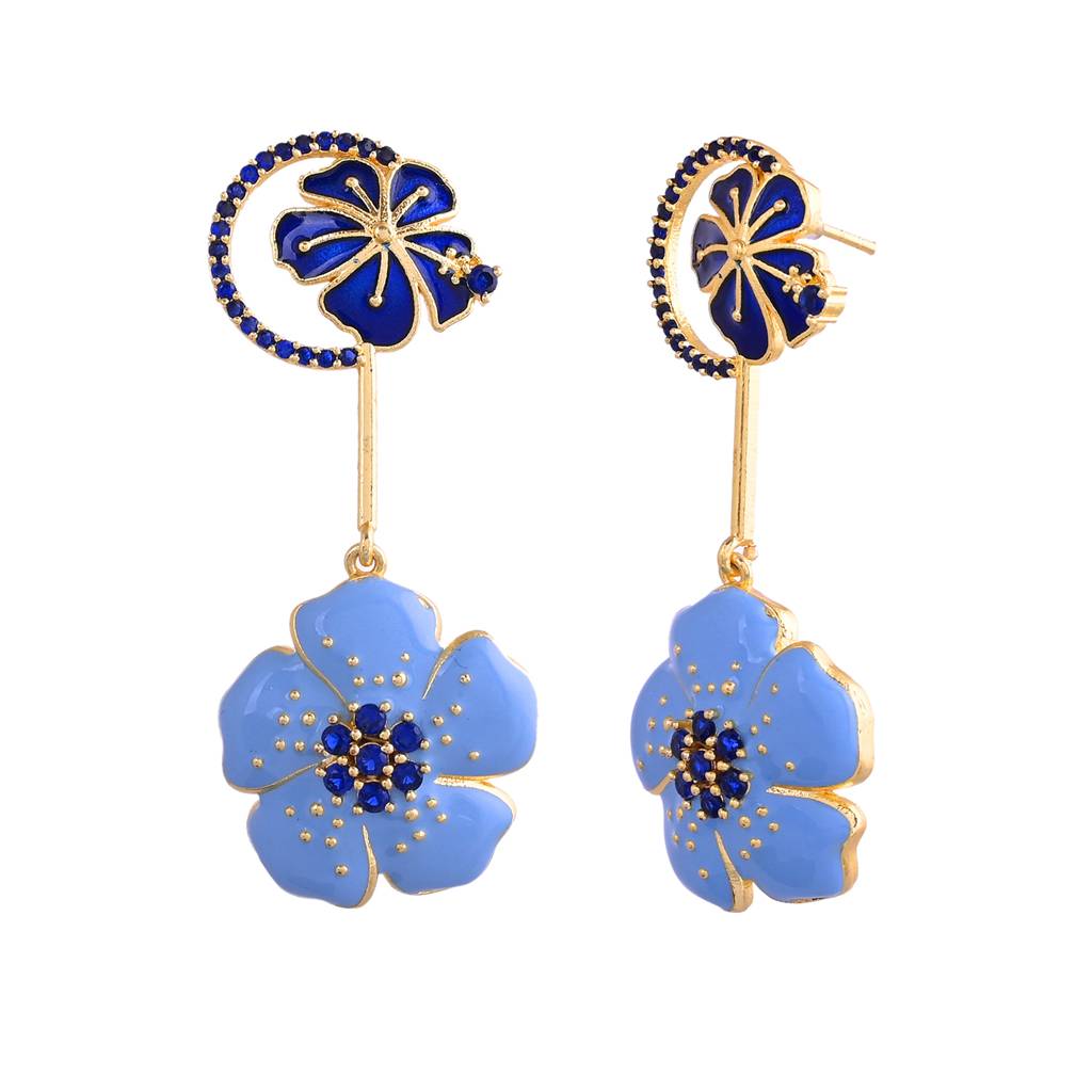 Flower Fantasy Ocean Blue Hibiscus Dangler Earrings : 8905124528787
