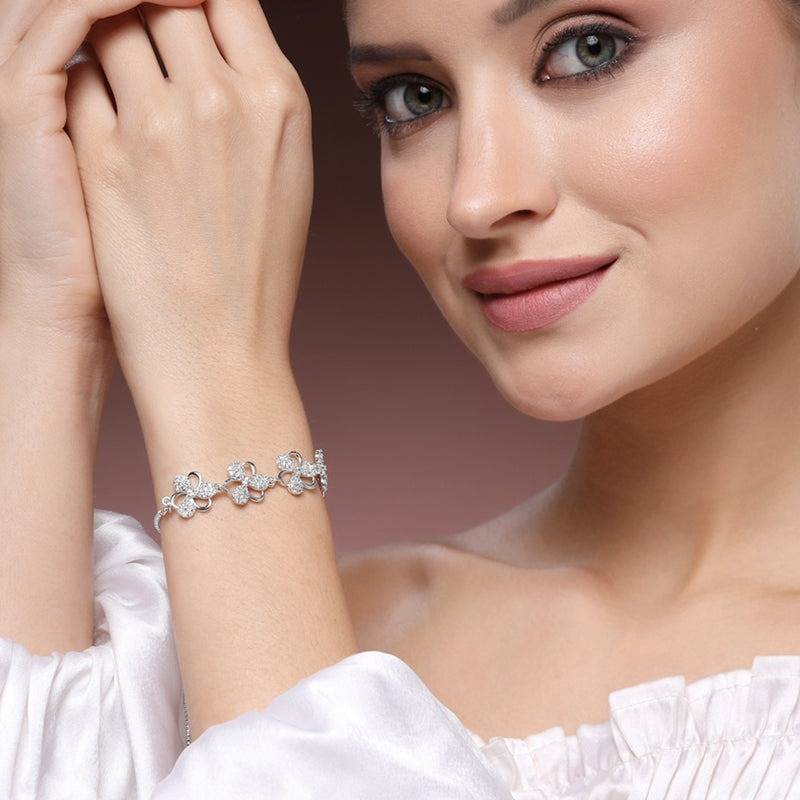 Designer Rhodium Cz Adjustable Floral Bracelet – Premium Lightweight Jewelry For Weddings & Festive Occasions : AD-137-IRBR