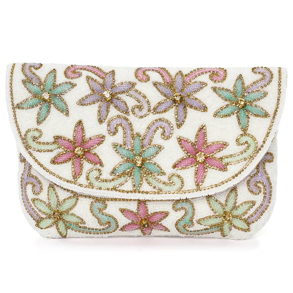 White Floral Clutch Bag Ethnic Purse For Women & Girls : C182W