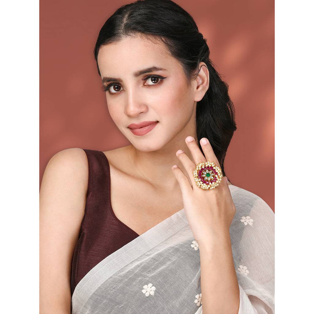 Peora Gold Plated Rani Pink Green Kundan & Beads Studded Adjustable Finger Ring Ethnic Jewellery Gift For Women  : PF104R06RPG