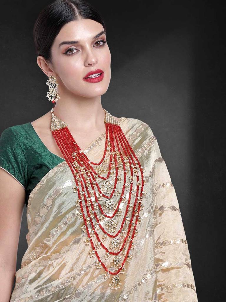 Peora Traditional Jewellery Red Floral Multi Layered Necklace Earrings Jewellery Set For Women Girls : PF25N1205R