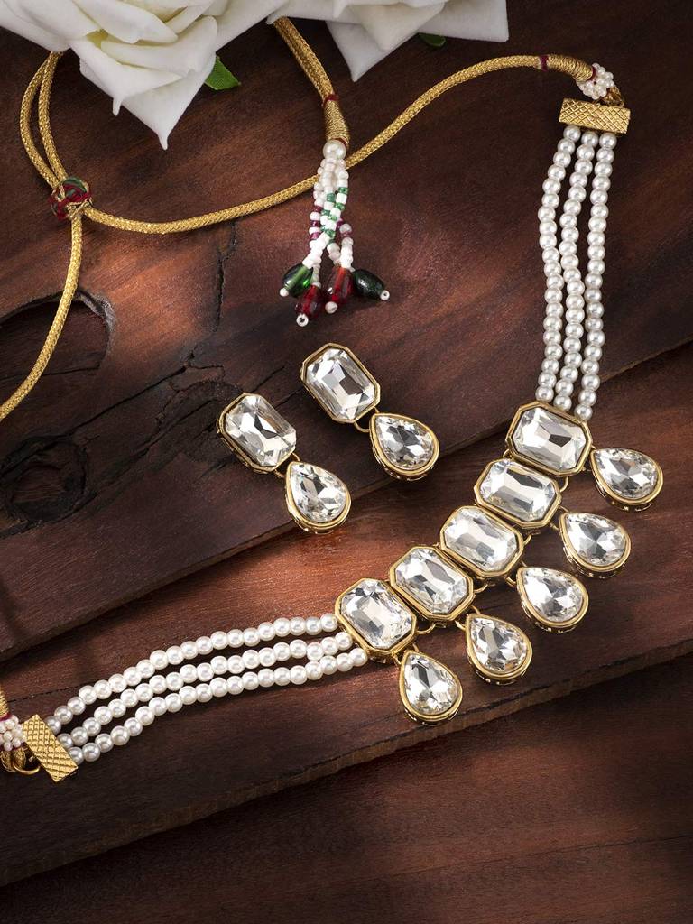 Crystal Pearl Traditional Ethnic Bridal Choker Necklace With Earrings Jewellery Set For Women Girls : PF24N2905W