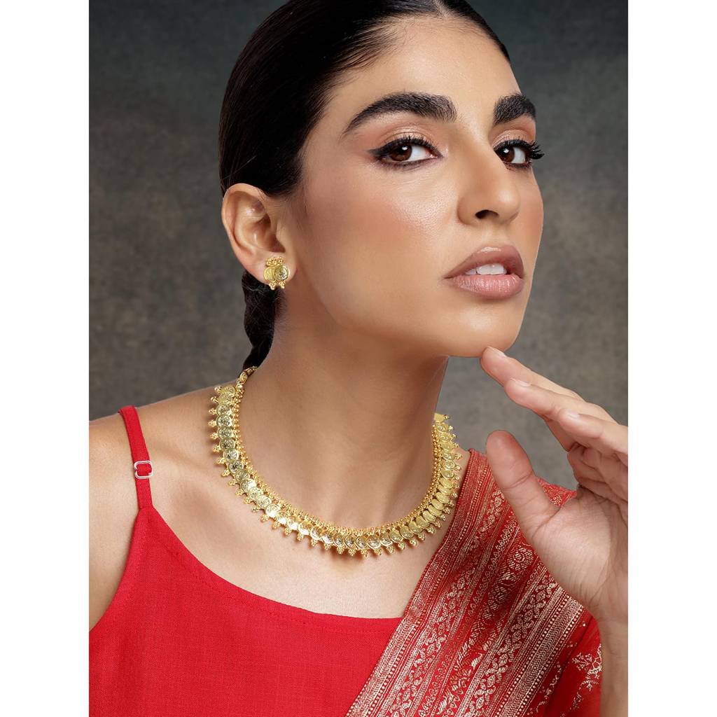Gold Plated South Indian Traditional Bridal Short Maharani Coin Necklace Earrings Jewellery Sets For Women And Girls : PF04N03