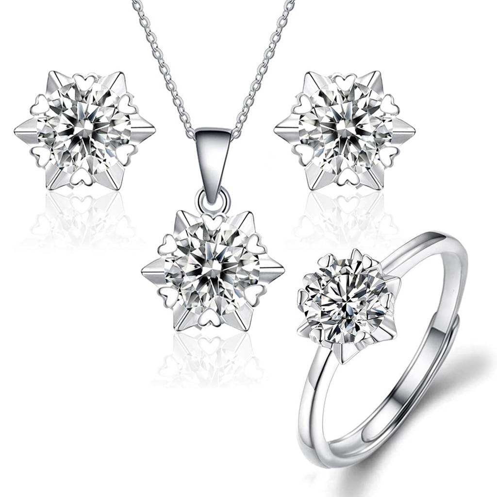 Silver Plated Cubic Zirconia Necklace Pendant Chain Finger Ring & Stud Earrings Fancy Jewellrey Set For Women And Gi : PX9PS10