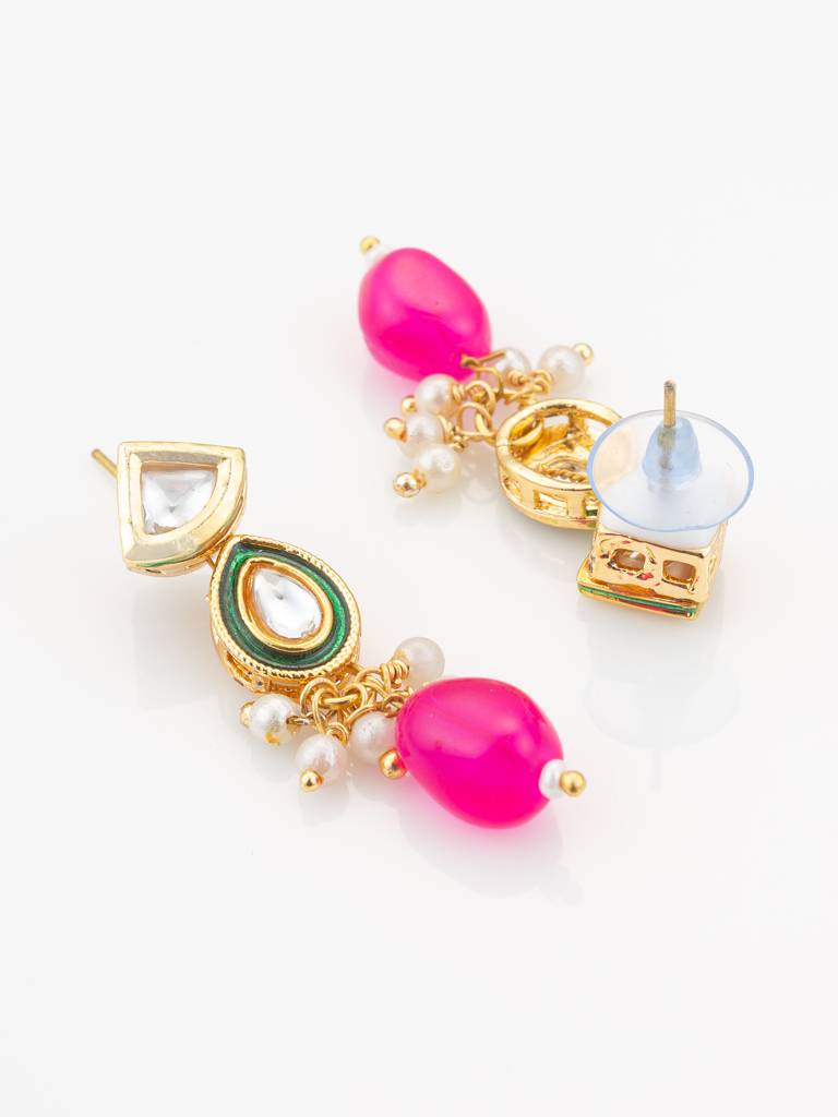 Green Beaded Multi-Strand Kundan Necklace Set With Pink Drops And Meenakari Pendant : NK4728