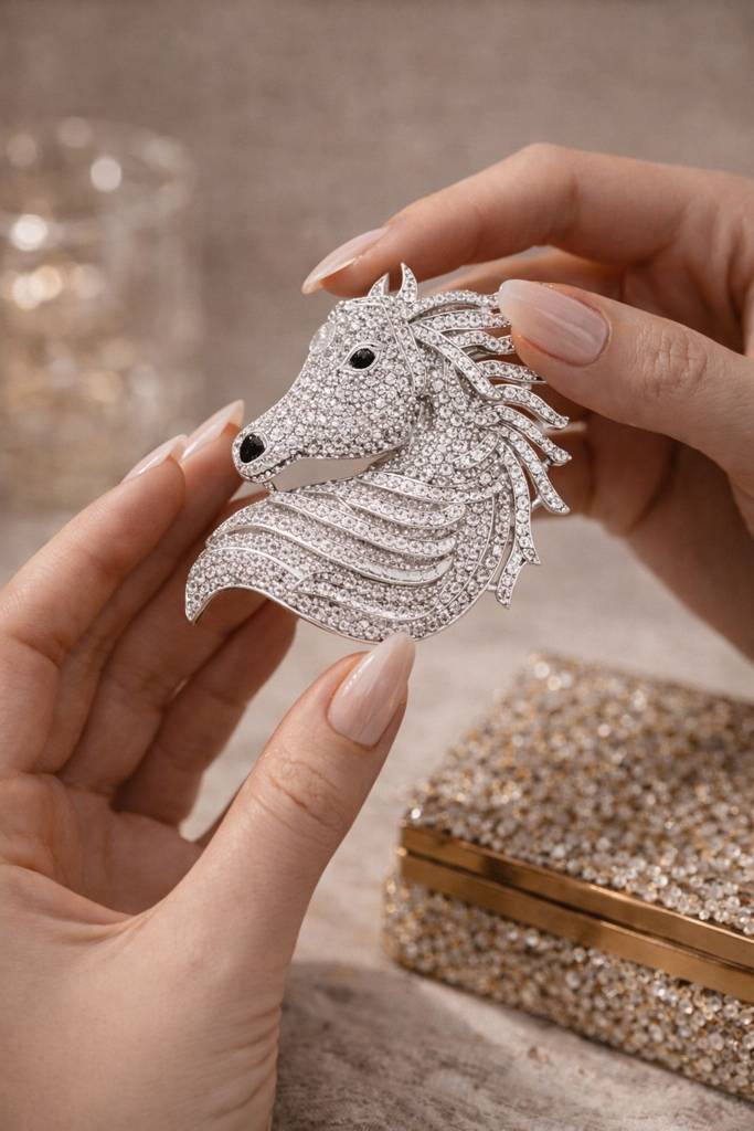 Micro Setting Diamond Studded Lucky Horse Unisex Brooch For Men And Women : 900014