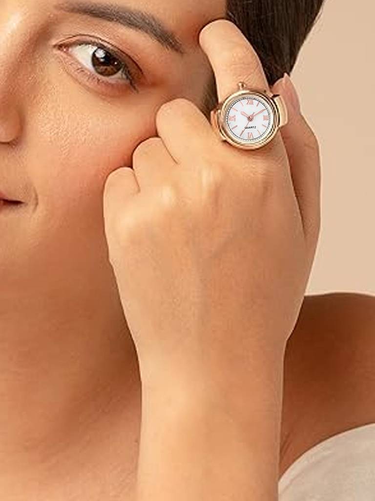 Peora Stainless Steel Rose Gold Analog Watch Style Strechable Finger Ring Fancy Jewellery For Girls & Women (Free S : PX9RW05C