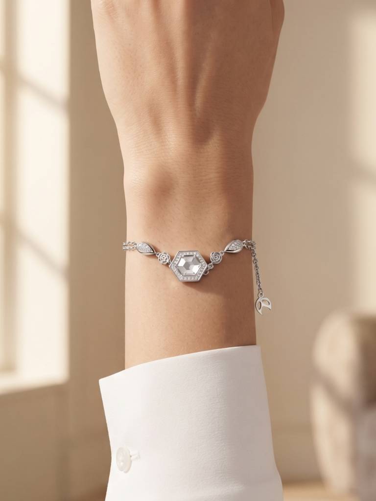 925 Silver Hexagonal Crystal Rose Bracelet For Women : BR-70