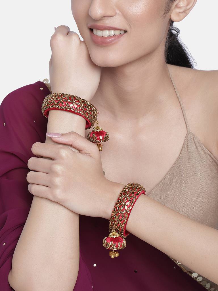 Peora Silk Thread Crystal Design With Dangling Jhumki Chuda Chura Bangle Set For Women : PF51B72R