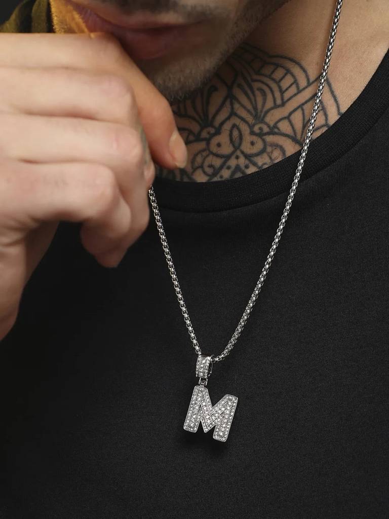 Men'S Embellished Alphabet Pendant Necklace - Silver : FANC1071-M