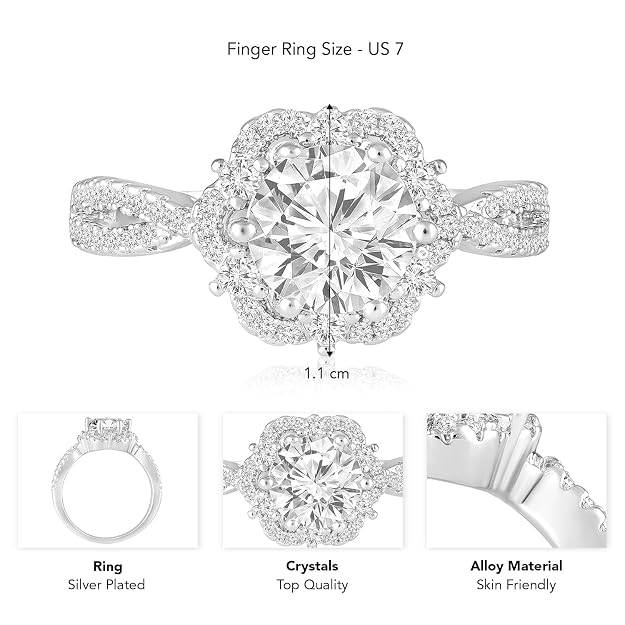 Silver Plated Crystals Studded Solitaire Ring Contemporary Jewellery For Women & Girls (Us 7) : PX9R3008S