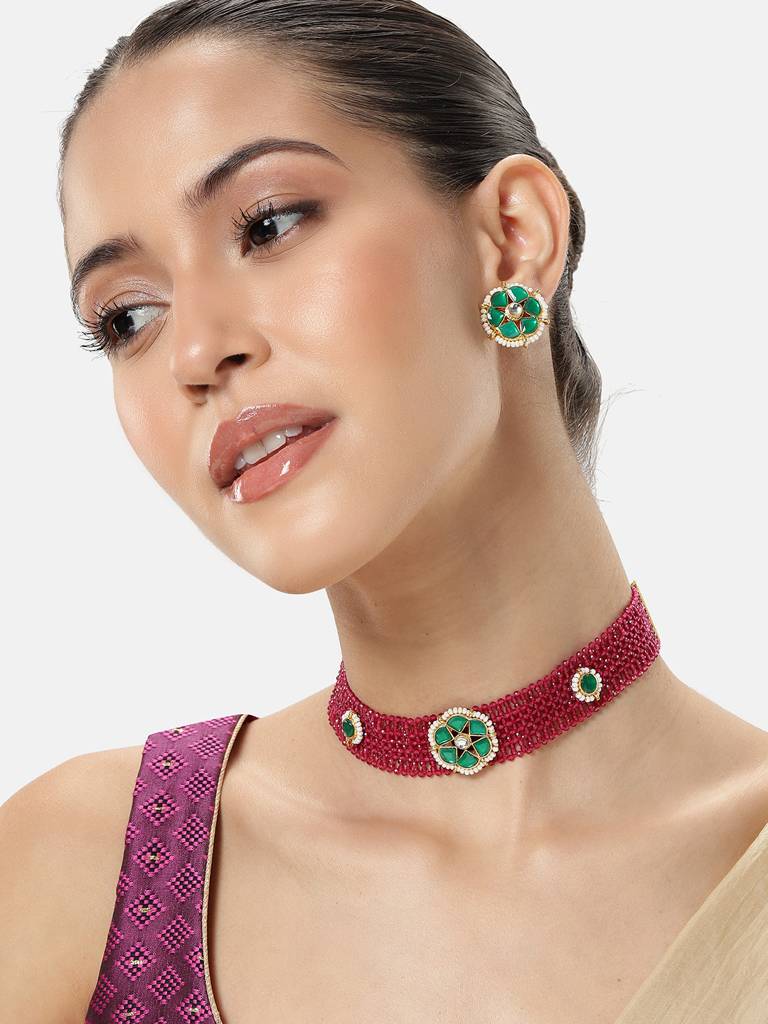 Peora Gold Plated Crystals & Beads Studded Rani Pink Green Necklace & Stud Earrings Traditional Jewellery Set For : PF104N19RG