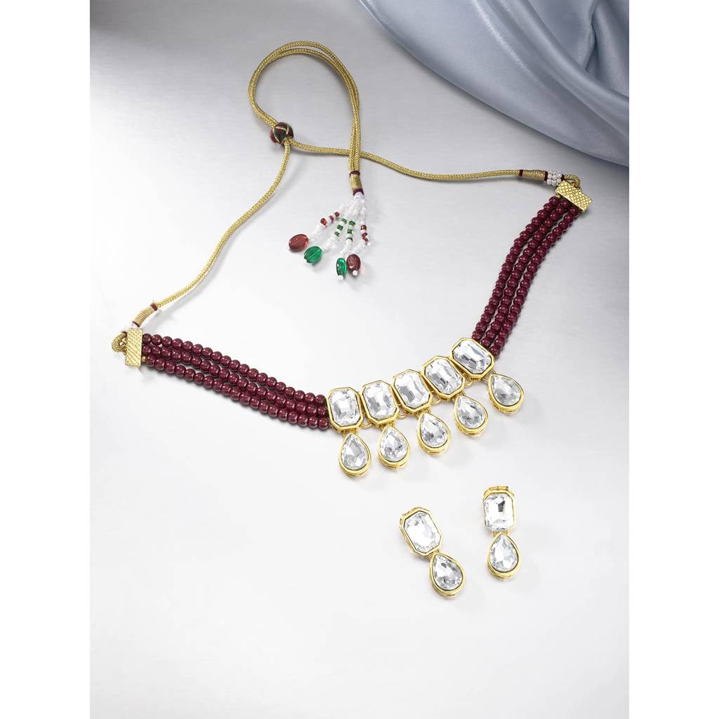 Crystal Pearl Traditional Ethnic Bridal Choker Necklace With Earrings Jewellery Set For Women Girls : PF24N2905M