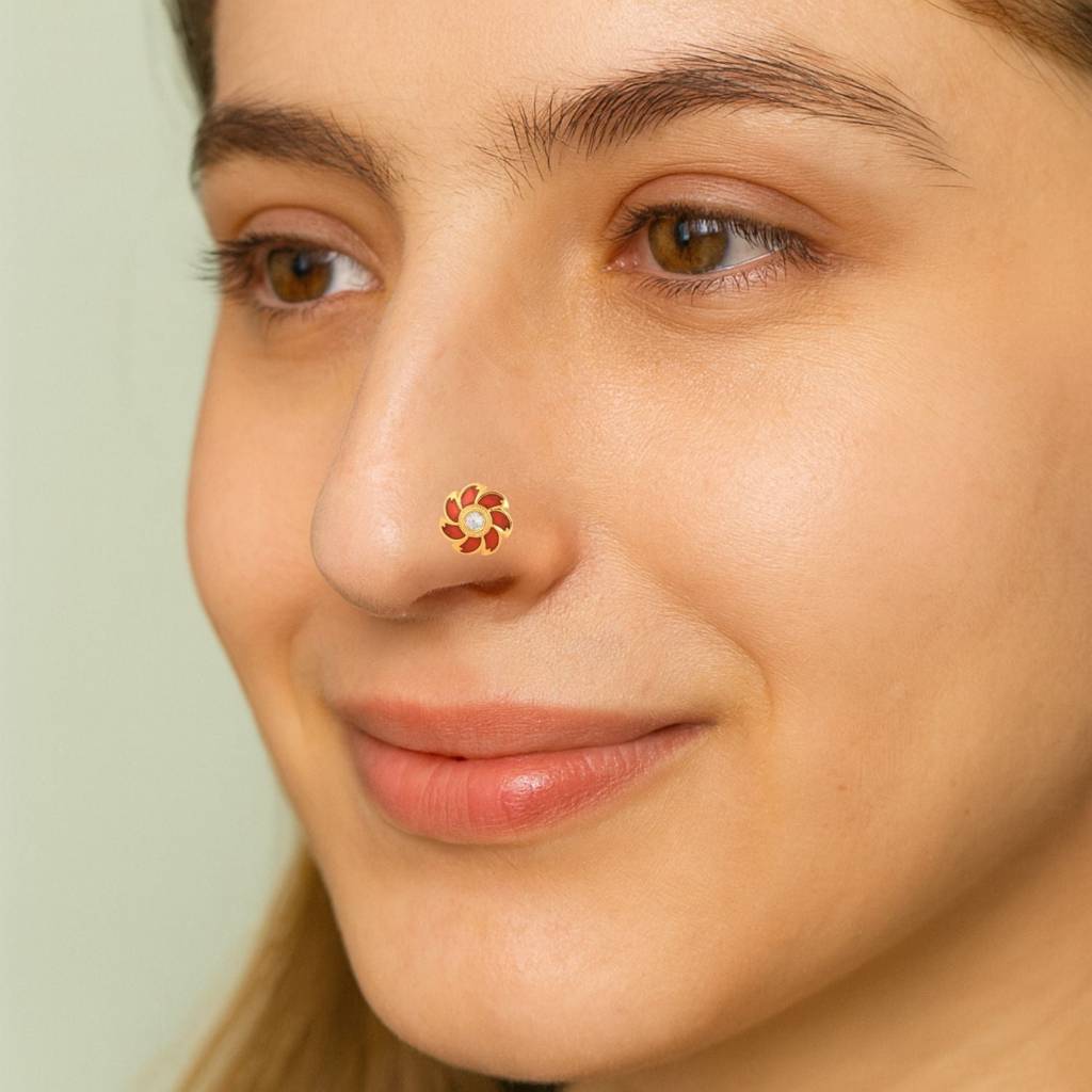 Enamel Floral Nose Pin - Sterling Silver Gold Plated : NP-00033_925S_YG_WCZ_RED