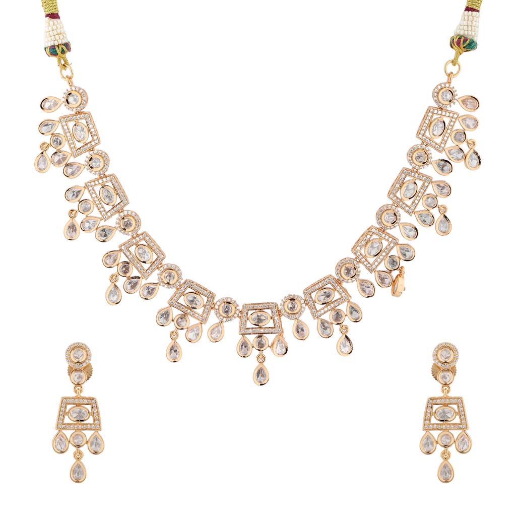 Kundan Opulence Crystal Cascade Necklace Set : 8905124527896