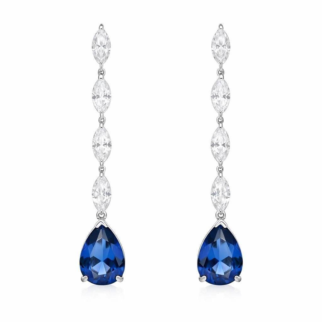 925 Silver Blue Teardrop Cz Dangle Earrings Bridal : SE_000961