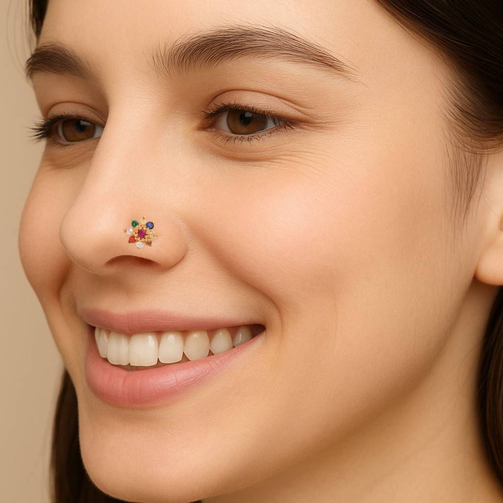 Navratna Floral Nose Pin 925 Sterling Silver Gold Plated : NP-00207_925S_YP_