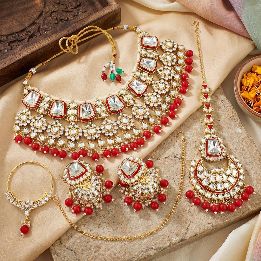 18 Kt Gold Plated Bridal & Semi-Bridal Necklace Set With Earrings, Maang Tikka & Nath : 2476-M8SK-1101-RED
