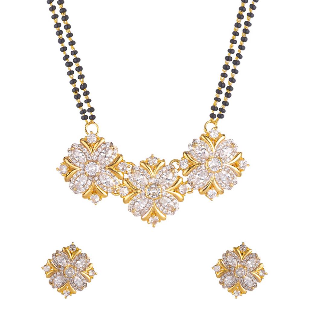 American Diamond Cz Golden Round Brass Black Beaded Mangalsutra With Earrings : 8905124429435