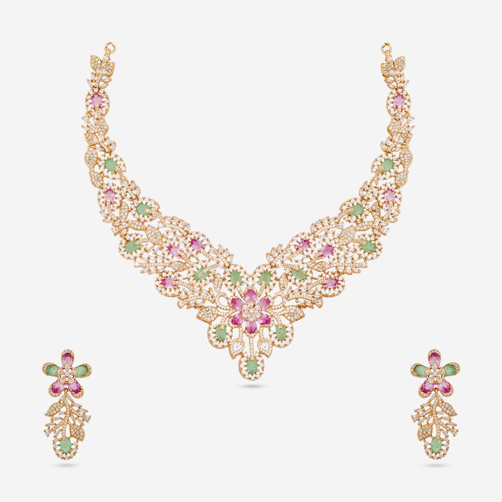 Pink-Mint Gold Rose - Plated Party Wear Zircon Necklace - 470898 : 470898