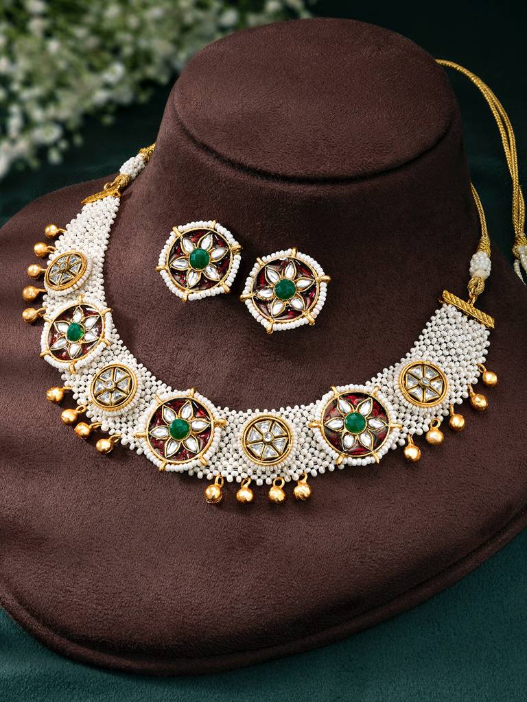 Peora Gold Plated Maroon Green Kundan & Beads Studded Necklace Stud Earrings Ethnic Jewellery Set For Women & Girls : PF104N05MG