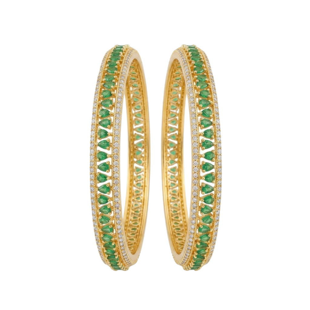 Emerald Green Cz Bangles For Women | Gold Plated American Diamond Bracelet Set Of 2 | Eternity Style Diamond Hal : TP2504G_2.4