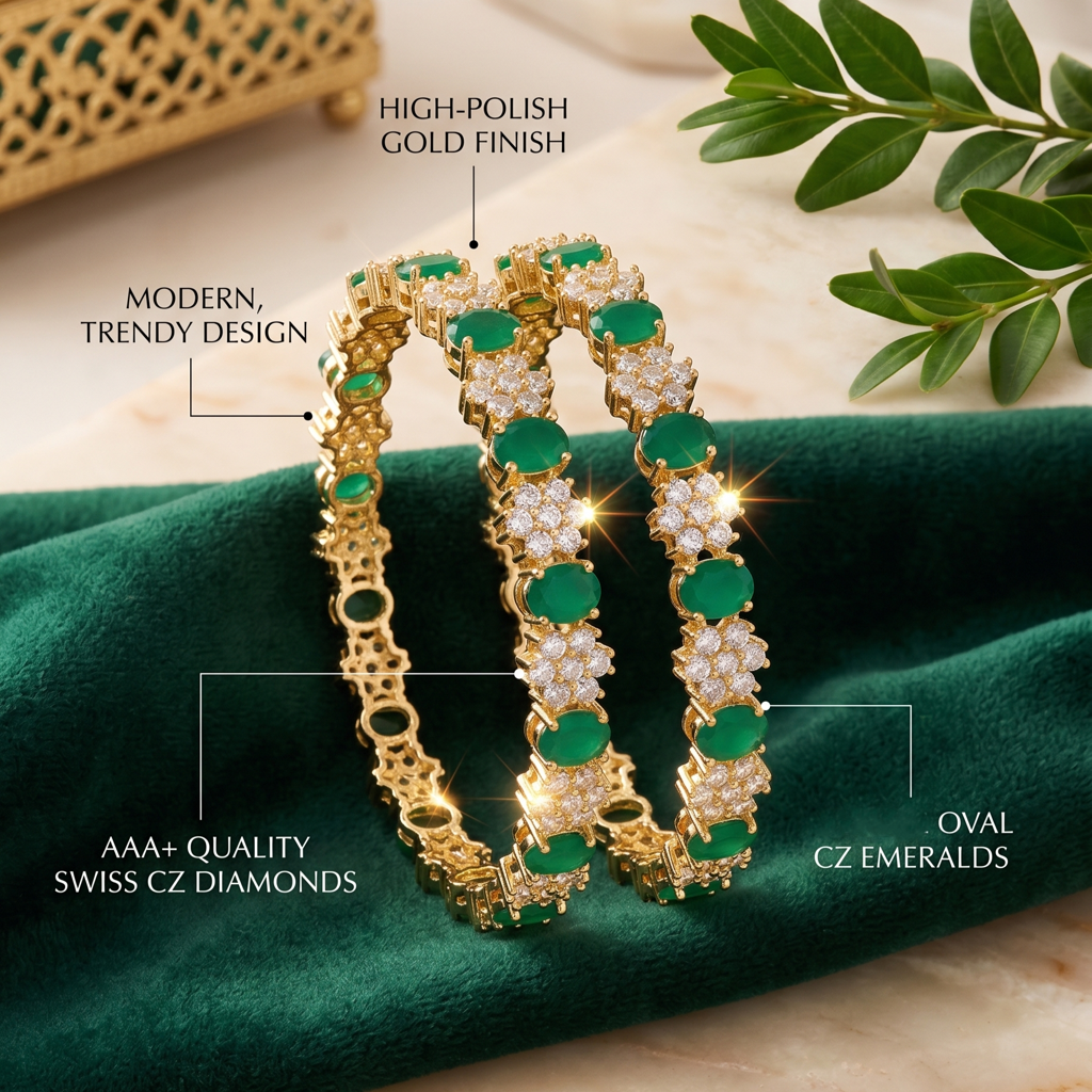 Green Stone Bangle For Women | Cz Floral Designer Bangle With Gold Tone Finish | American Diamond Style Party &  : TP2095G_2.4