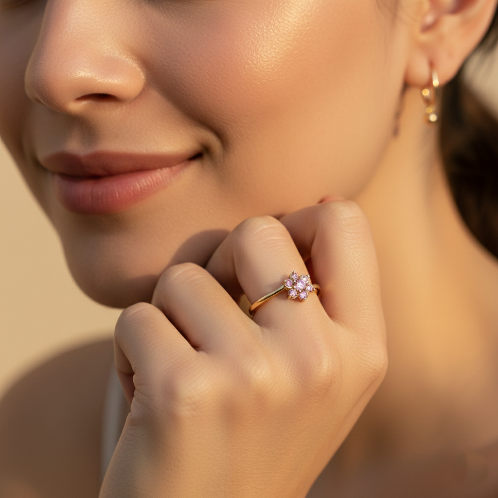 925 Sterling Silver Flower Ring For Women| 18K Gold Plated | Adjustable : R123G