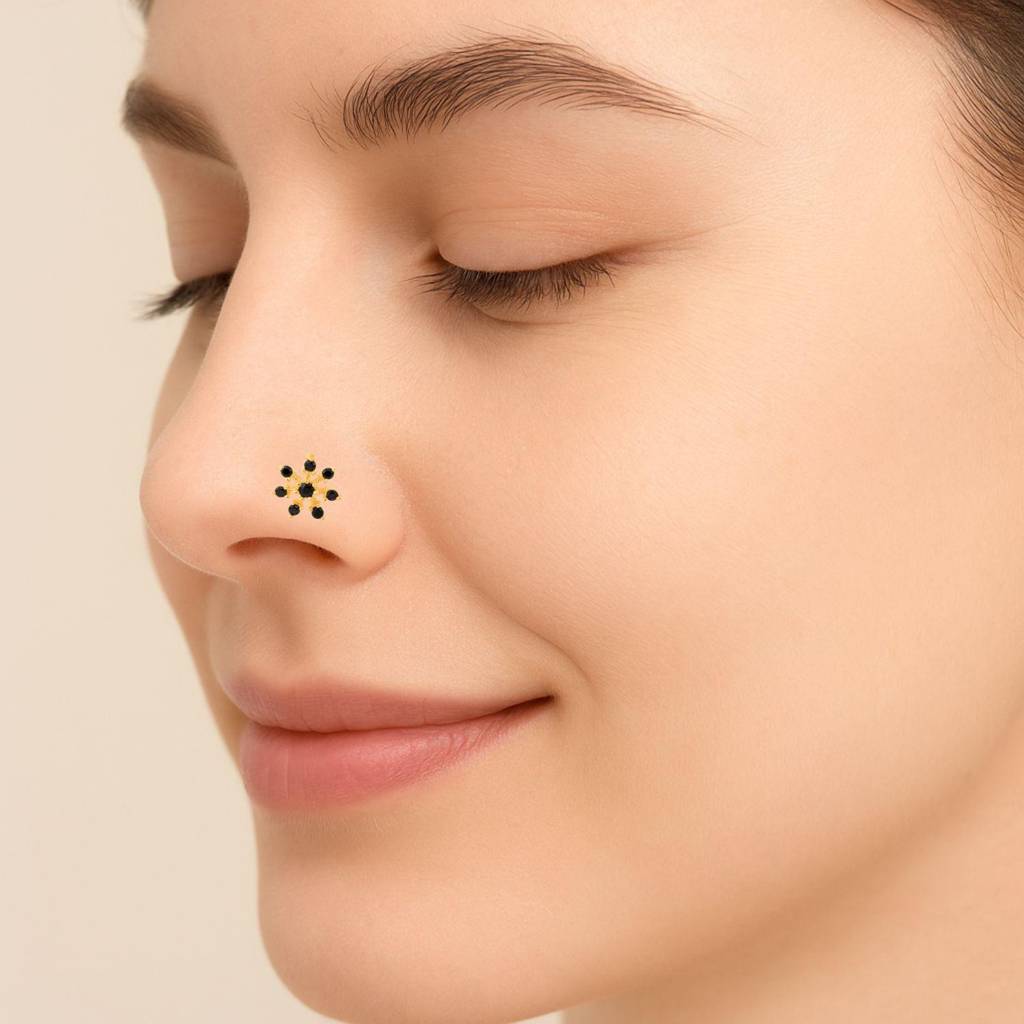Black Cz Starburst Floral Nose Pin - Sterling Silver Gold Plated : NP-00098_925S_W_BLCZ