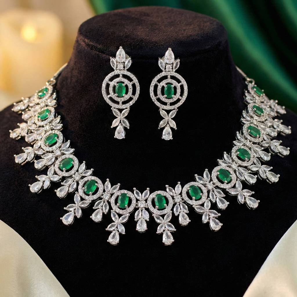 Silver-Tone American Diamond Necklace Set With Earrings For Women – Office, Party & Wedding Wear : 1717-K4SA-2242-G-S