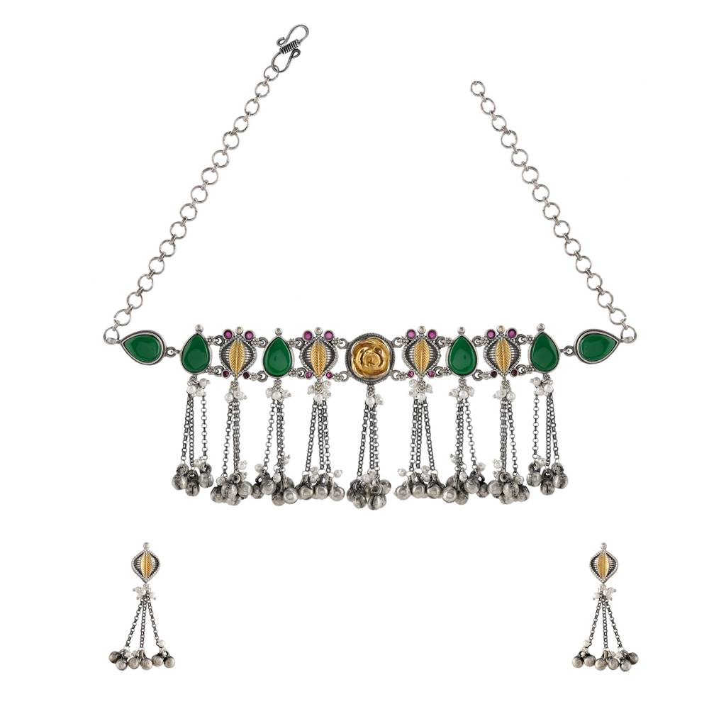 Oxidised Silver Ghungroo Choker Necklace & Earrings Stone Detailing- Antique Elegance : 8905124582765