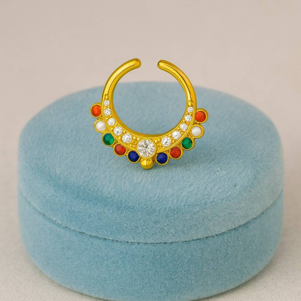 Navratna Multi Gemstone Crescent Design Septum Nose Pin 925 Sterling Silver Gold Plated : 0016-NP-snp-0066