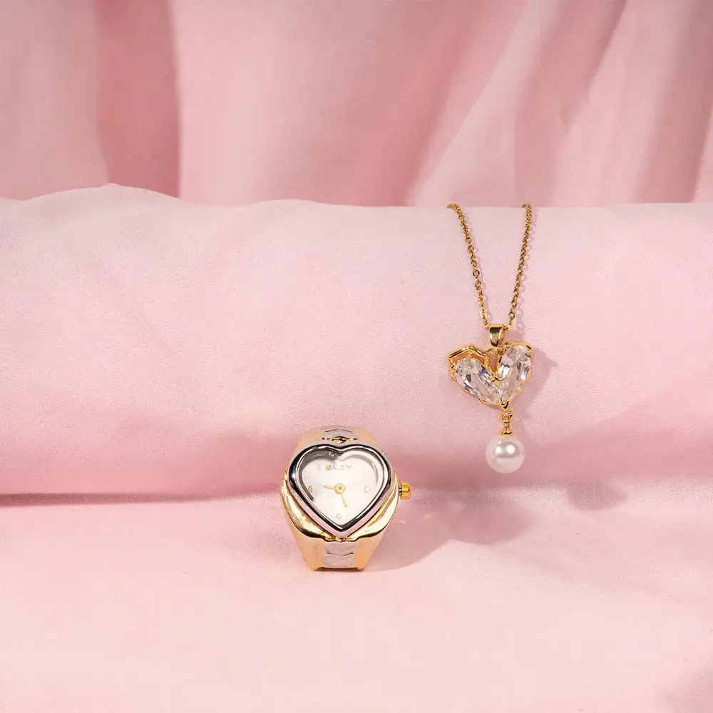 Timeless Love For Mom Crystal Heart Necklace With Heart Ring Combo Set For Mothers : NWTRC-265-G-S-1